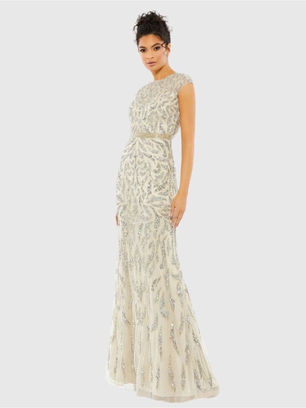 Mac Duggal 5532 White and Silver Embellished High Neck Cap Sleeve Gown Size 12